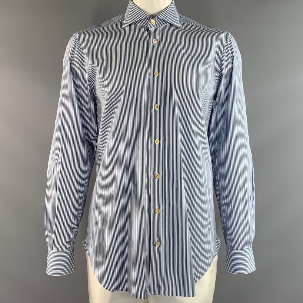 KITON Size 42 Blue White Stripe Cotton Button Up Long Sleeve Shirt